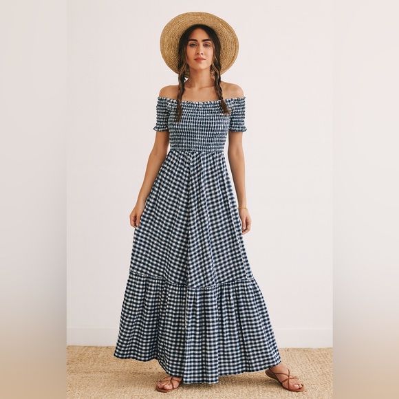 Anne Fernandes Smocked Navy Check Maxi Dress Medium - Picture 1 of 6